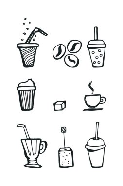 İçecekler kahve ve çay seti elle çizilmiş doodle.
