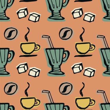 Kahve içmek, çay daseni. Elle çizilmiş