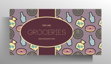 Market için pankart tasarımı şablonu. Parlak desenli yemek ve mesajın için yer. Vektör 10 EPS.