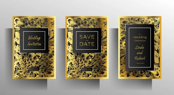 Wedding Invitation Template Set Gold Black Graphic Elements Hand Drawn — Stock Vector