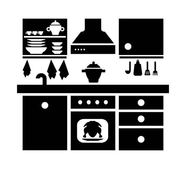 Набір Іконок Кухонних Меблів Чорно Біла Ізольована Ілюстрація Силуету Вектор — стоковий вектор
