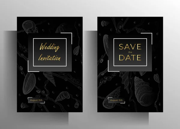 Wedding Invitation Template Set Elegant Black Design Hand Drawn Graphic — Stock Vector