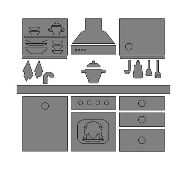 Set Iconos Muebles Cocina Ilustración Vectorial Aislada Contorno — Vector de stock
