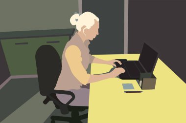 Kız bir dizüstü bilgisayarda çalışıyor. Yan taraftaki işyerinde. Vektör renk illüstrasyonu.