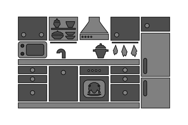 Set Iconos Muebles Cocina Silueta Vector Ilustración Aislada Tonos Grises — Vector de stock