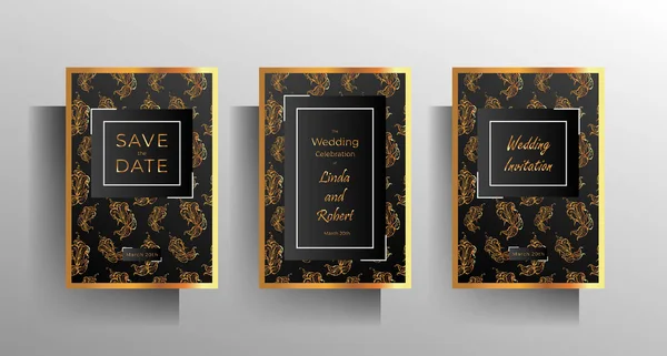 Wedding Invitation Template Set Gold Black Design Hand Drawn Floral — Stock Vector