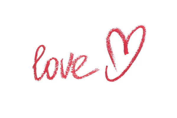 Kalp Kelime Üzerinde Beyaz Izole Renk Ruj Ile Çizilmiş Seviyorum — Stok fotoğraf