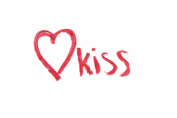 Heart Word Kiss Drawn Color Lipstick Isolated White Love Concept — Stock Photo, Image