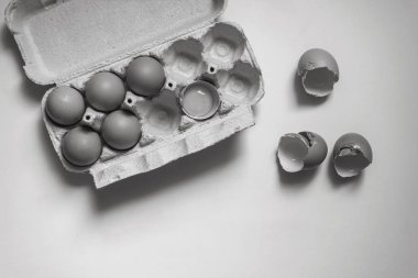 Tepsi taze çiğ yumurta ve kırık yumurta beyaz arka plan üzerinde kabuk siyah ve beyaz tonda. En iyi görünüm ve kopya alanı.