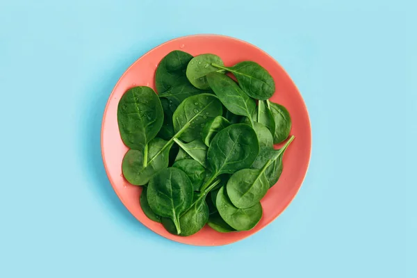 Green fresh vegetarian salad leaves on coral plate on blue background. Healthy and zero waste life concept.