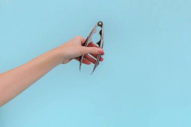 Mavi arka planda bir kadının elinde fındıkkıran.