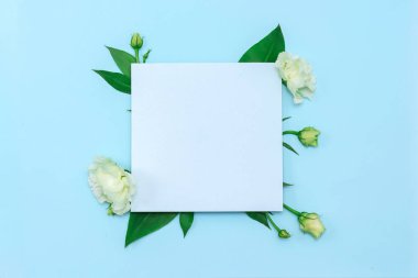 Pastel mavi arka plan üzerinde taze beyaz çiçekler ile kağıt boş. Düz döşeme, üst görünüm.