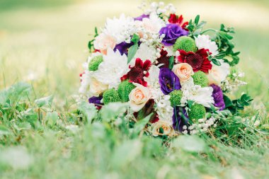 Yumuşak bir demet menekşe, pembe ve beyaz çiçekler yeşil çimenlerin üzerinde yatıyor..