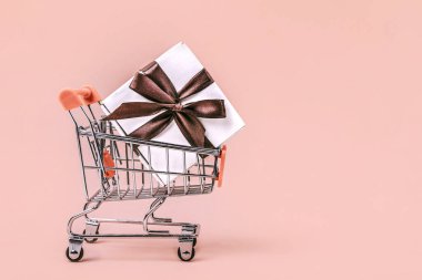 Pastel mercan zemin üzerinde minyatür alışveriş arabasında kahverengi fiyonklu hediye kutusu..
