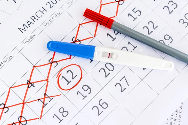 Negativní těhotenský test s kruhovým datem v kalendáři. Plánování těhotenství, snaží se mít dítě. — Stock fotografie