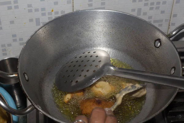 Pakode Frire Dans Une Poêle Avec Huile Nourriture Rue Très — Photo