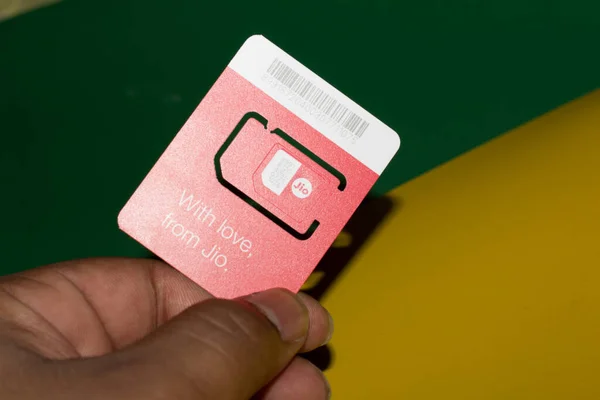 Delhi India Octubre 2020 Jio Sim Tarjetas Mano Con Todos —  Fotos de Stock