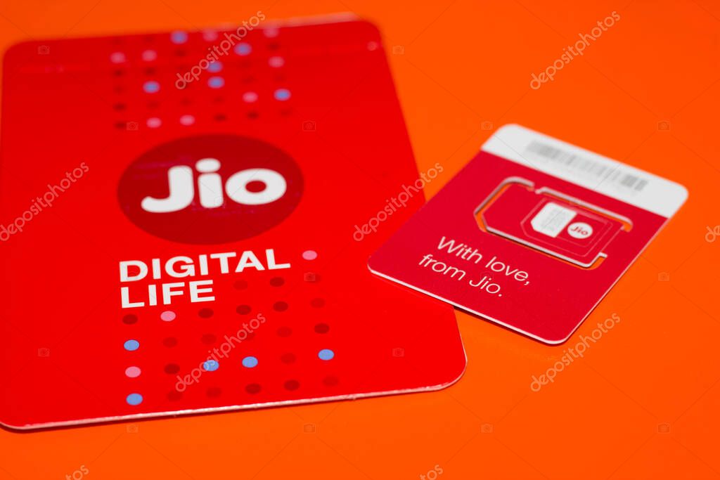 Delhi, India - October 05, 2020 : Jio SIM With Every JioFi or 4G Smartphone Background for text