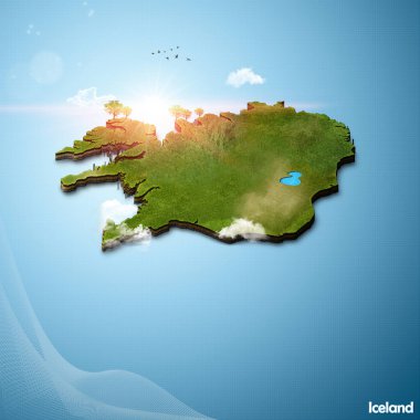 Gerçekçi harita İzlanda, 3d çizim, ada tarzı