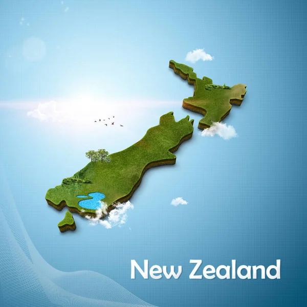 Mappa Realistica Della Nuova Zelanda Illustrazione Stile Isola — Foto Stock