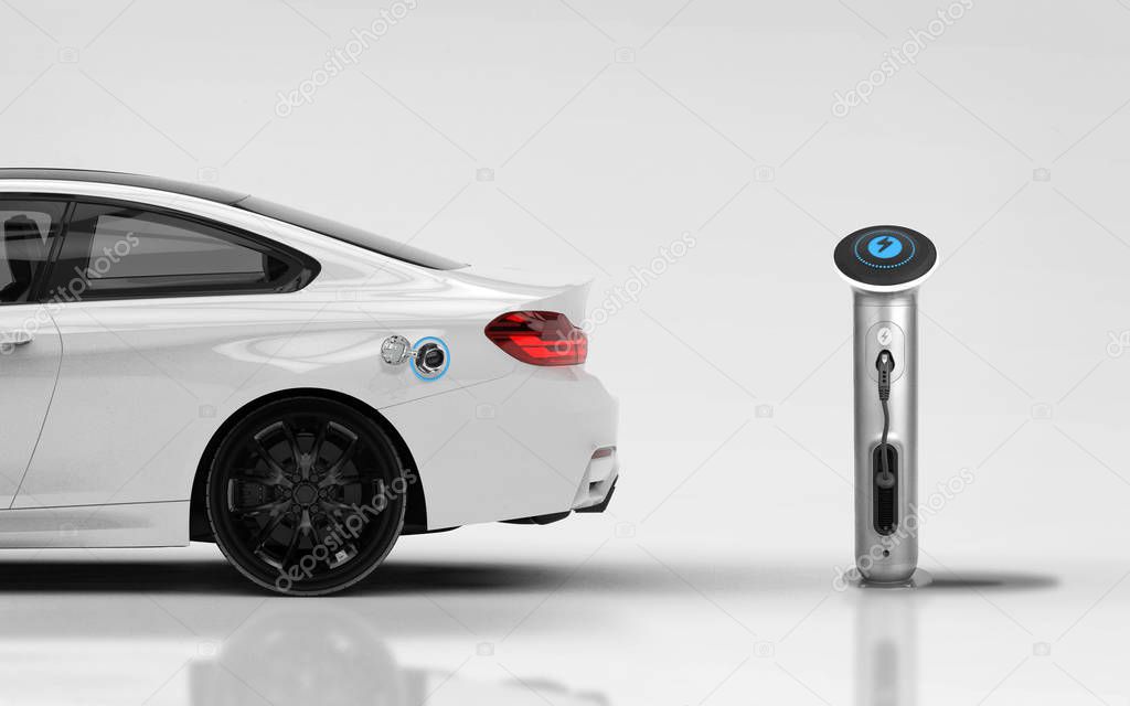 Generic brand less electric car ready for charging, 3d illustration