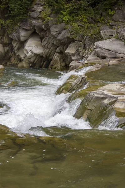 Górska rzeka w lecie z małymi wodospadami. Piękny letni krajobraz Karpat. — Zdjęcie stockowe