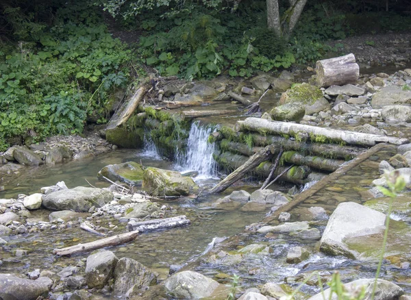 Horská řeka v létě s malými vodopády. Krásná letní krajina Karpat. — Stock fotografie