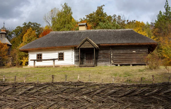 Старий сільський дерев'яний будинок з солом'яним дахом. Осінній сезон. Крупним планом . — стокове фото