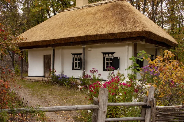 Casa de madeira rural velha com telhado colmado. Temporada de Outono. Close-up . — Fotografia de Stock