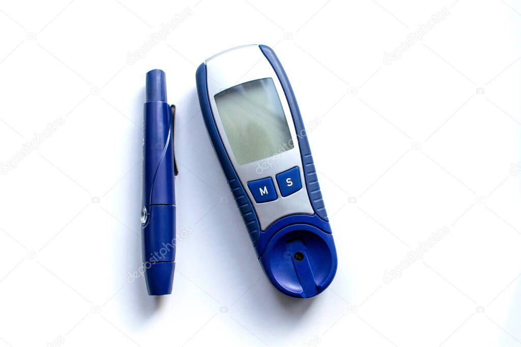 Blue blood glucose meter on a white background. View from above. Diabetes concept.