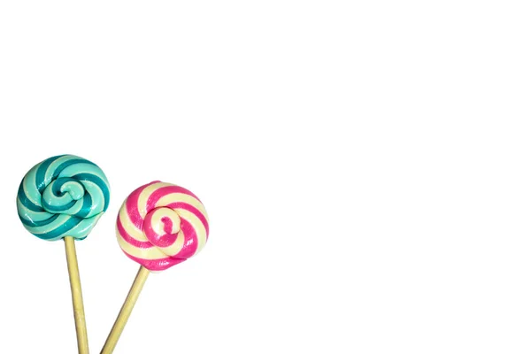 Two Sweet Lollipops Red Blue Turquoise White Spiral Color Stripes — Stock Photo, Image