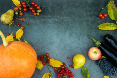 Sonbahar kompozisyonu. Organik ürünlerden sonbahar arkaplanı. Sonbahar hasadı düzleşmişti. Metin için yeri olan üst görünüm.
