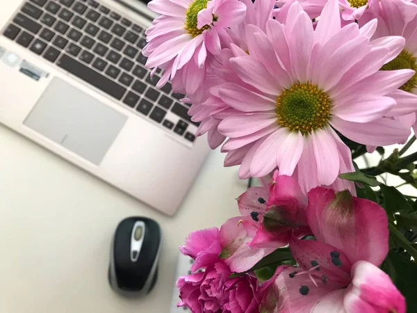 The peace and joy at home office with pink blossoms