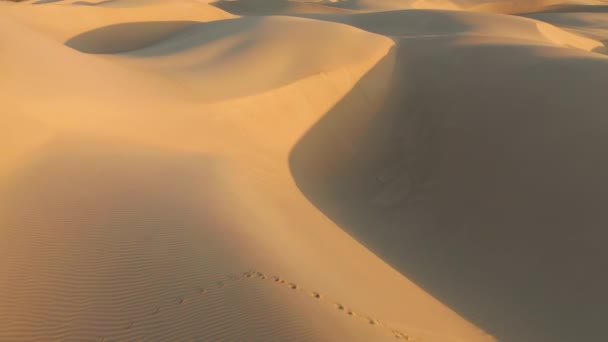 4K-antenne flyr over magiske bølger av sanddyner i gyllent solnedgangslys – stockvideo