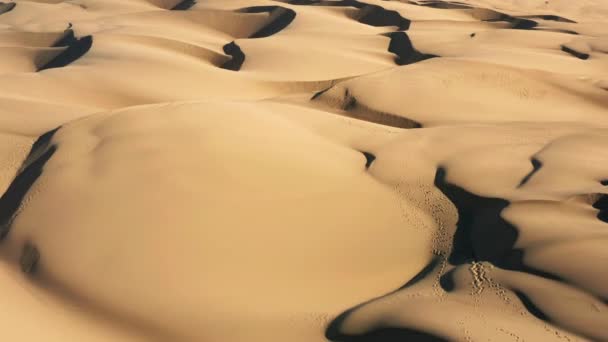 4K letecké drone pohled létání krásné vlnité písečné duny ve zlatém západu slunce — Stock video