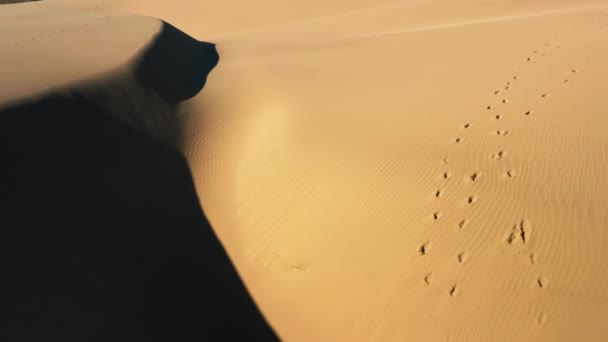 Vista aérea del dron 4K volando por hermosas dunas de arena ondulada en luz dorada del atardecer — Vídeo de stock