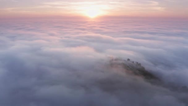 Aérien au-dessus des nuages roses au-dessus du sommet de la montagne sur le lever du soleil doré magique, USA — Video