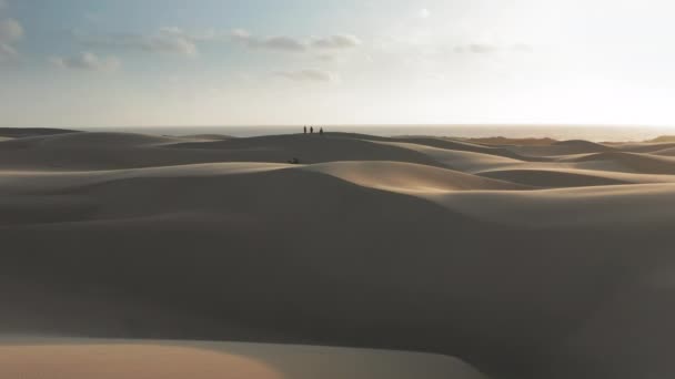 4K повільний повітряний вид на людей, які ходять піщаними дюнами, каліфорнійська природа — стокове відео