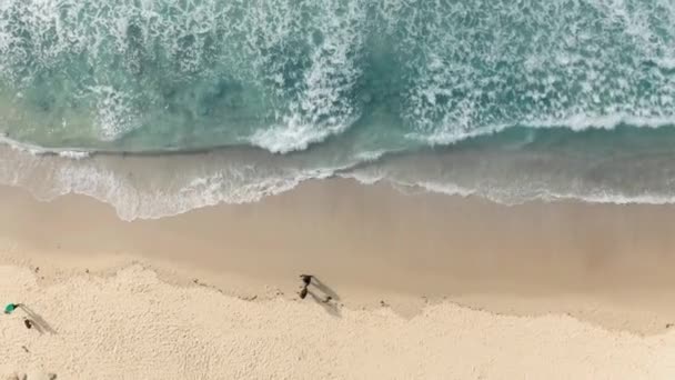 Vacker sommar antenn med människor promenader vid vit sandstrand vid havet — Stockvideo