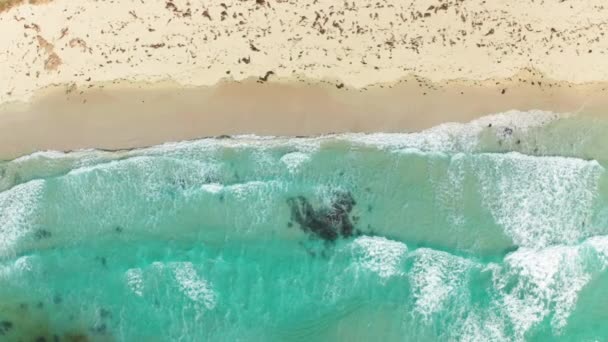 Vista de arriba hacia abajo en la hermosa playa de arena blanca y hermosas aguas verdes del océano — Vídeo de stock