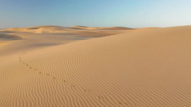 4K hava aracı görüntüsü güzel dalgalı kum tepecikleri üzerinde uçuyor.