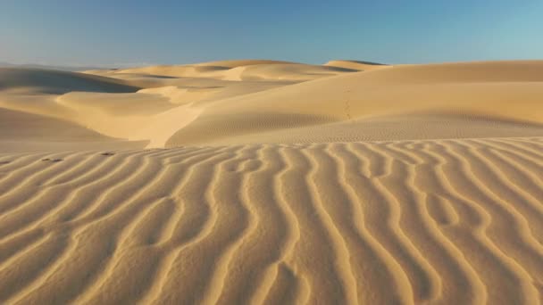 Misteriosas dunas de arena ondulada en suave luz del amanecer, vuelo de drones con vista aérea 4K — Vídeos de Stock