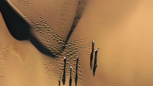4K повільний повітряний вид на людей, які ходять по піщаних дюнах. Природна пустеля США — стокове відео