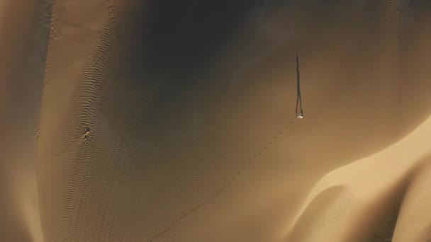 4K vista aerea della donna che cammina da dune di sabbia nella natura desertica — Video Stock