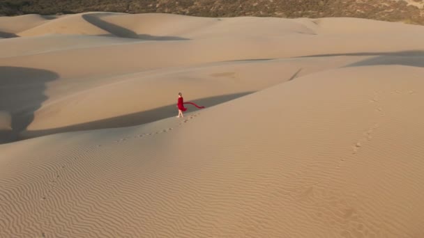 4K yavaş çekim hava görüntüsü vahşi çöl doğasında kumulların arasında yürüyen bir kadın. — Stok video