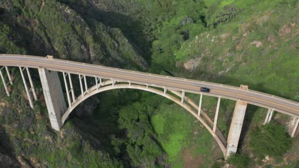 Bixby Creek Bridge or Bixby Canyon Bridge. Aerial panoramic view from the ocean side. Aerial. — Stock Video