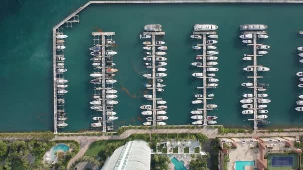 Vista aérea superior 4K en los yates en el puerto deportivo, Miami centro — Vídeos de Stock