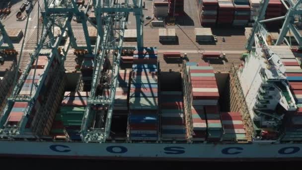 Caricamento nave container, carico. Aerea 4K di porto industriale, Los Angeles, USA — Video Stock