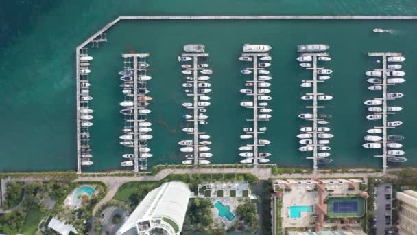 4K εναέρια πάνω άποψη για τα σκάφη αναψυχής στο λιμάνι μαρίνας, Μαϊάμι στο κέντρο της πόλης — Αρχείο Βίντεο