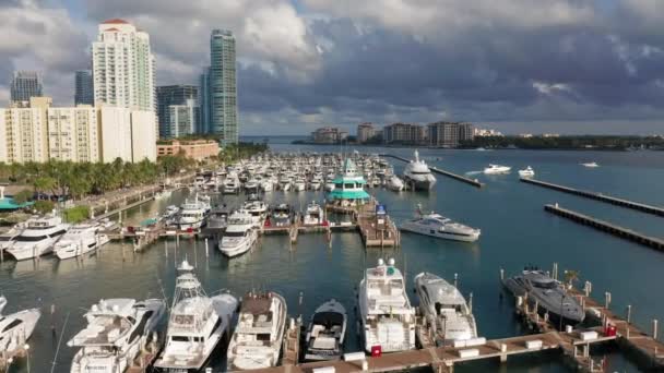 Vuelo con drones aéreos 4K sobre el puerto marítimo en el puerto de Miami, Florida — Vídeo de stock